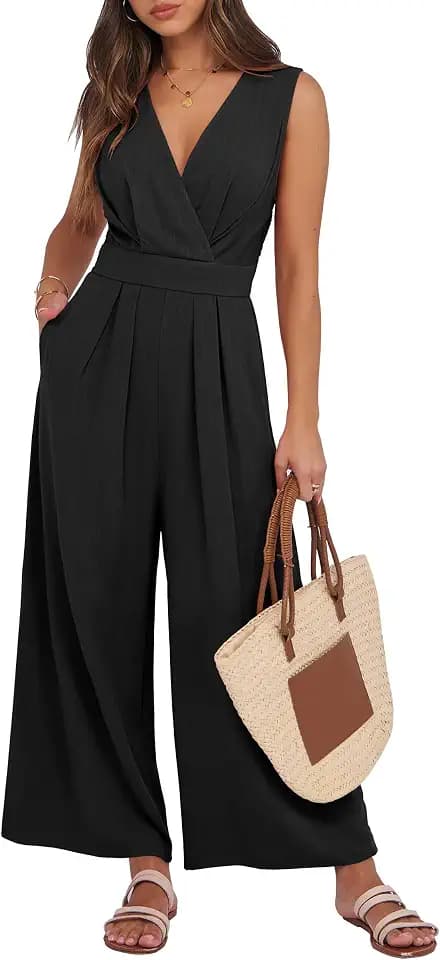 ANRABESS Women's Linen Sleeveless Wrap Jumpsuits