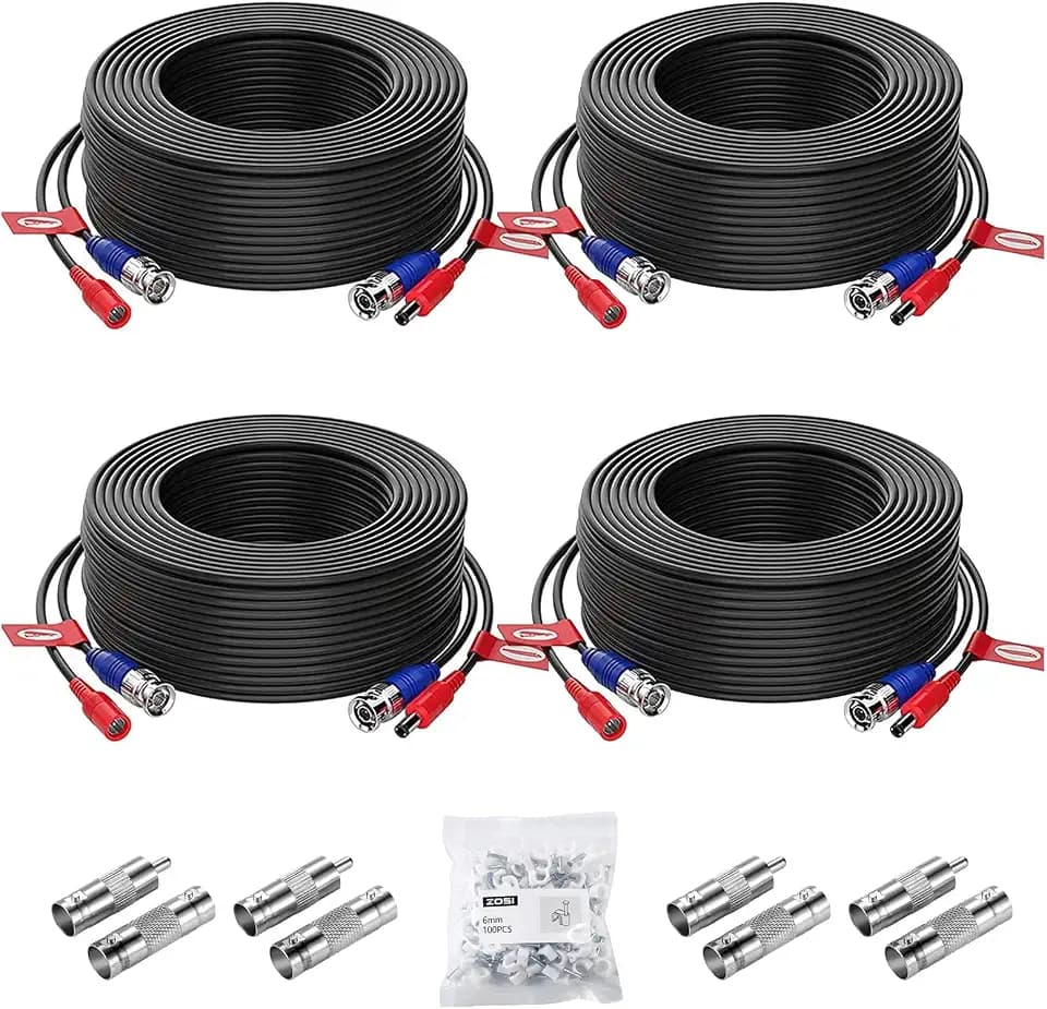 ZOSI 4 Stück 30M / 100 Fuß 2-in-1 Video-Stromkabel, BNC-Verlängerungskabel für Überwachungskameras in Videosicherheitssystemen (inklusive 4X BNC-Stecker und 4X RCA-Adapter)