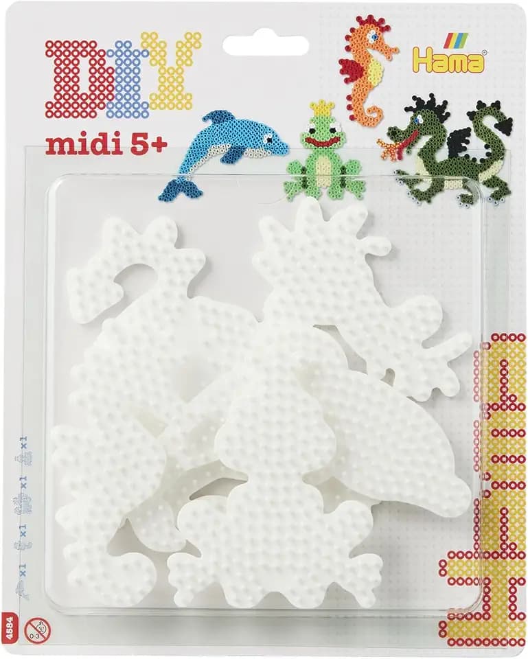 Hama Perlen 4584 Große Stiftplatten 4er Set für Midi Bügelperlen mit Durchmesser 5 mm, Motive Delfin, Drache, Seepferdchen und Kleiner Frosch in weiß, Bastelspaß