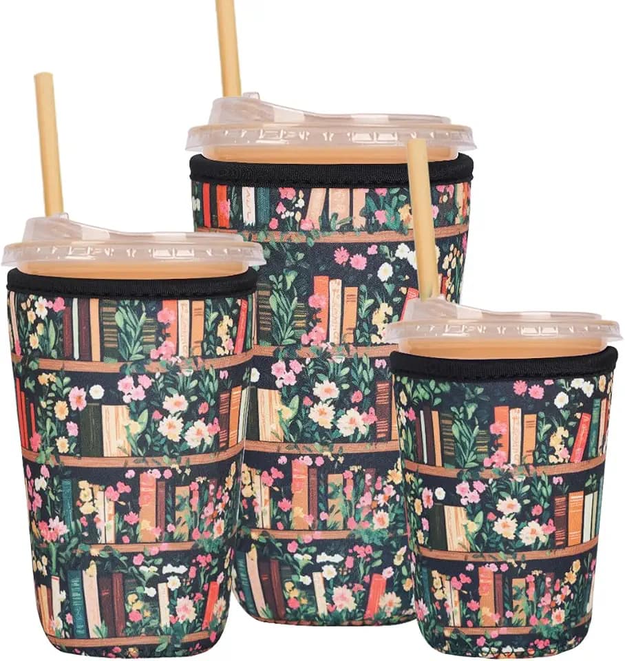 Reusable Insulated Neoprene Iced Coffee Cup Sleeve, Durable Drink Sleeve for Cold Beverages, Beverage Holder for Iced Coffee (Bookish Bloom)