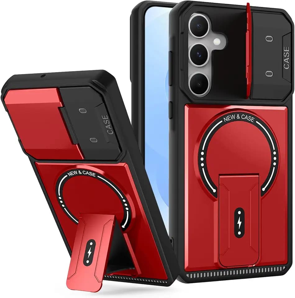 for Samsung Galaxy S25 Case with Camera Cover, Magnetic Phone Case with Kickstand, Heavy Duty Shockproof Cover with Stand, Built-in Card Holde Wallet for Samsung S25 5G Red