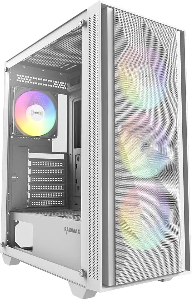 RAIDMAX V217 ATX Mid Tower Mesh Gaming PC Case, High Airflow Front Panel Design, 4X 120mm ARGB Fans Pre-Installed, Tempered Glass Side Panel, Supports 305mm GPU / 240mm Radiator (White)