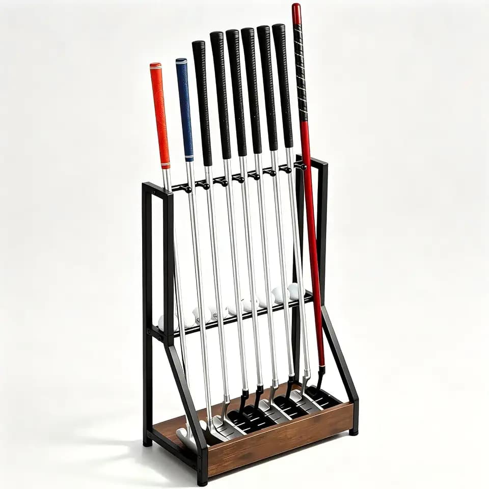 Golf Club Holder for 9 Clubs & 9 Balls, Solid Wood & Iron Golf Organizer, Golf Putter Holder Floor Stand, Golf Club Stand Suitable for Golf Simulators｜Golf Course Accessories