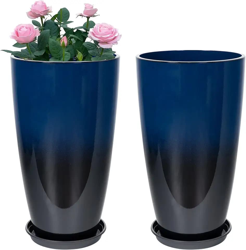 Neoaider Set of 2 Tall Planter, 21 inch Large Plastic Planter, Dark Blue
