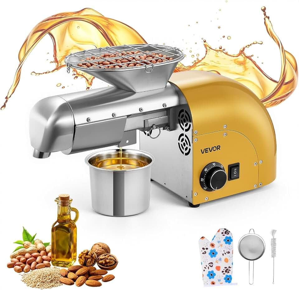 VEVOR Elektrische Ölpresse 5 kg/h, Ölmühle 1250 W, Automatische Ölpressmaschine mit Heiß- und Kaltpressung & Reinigungsbürste, Ölmaschine für Erdnüsse, Sesam, Sojabohnen und Mandeln, Edelstahl