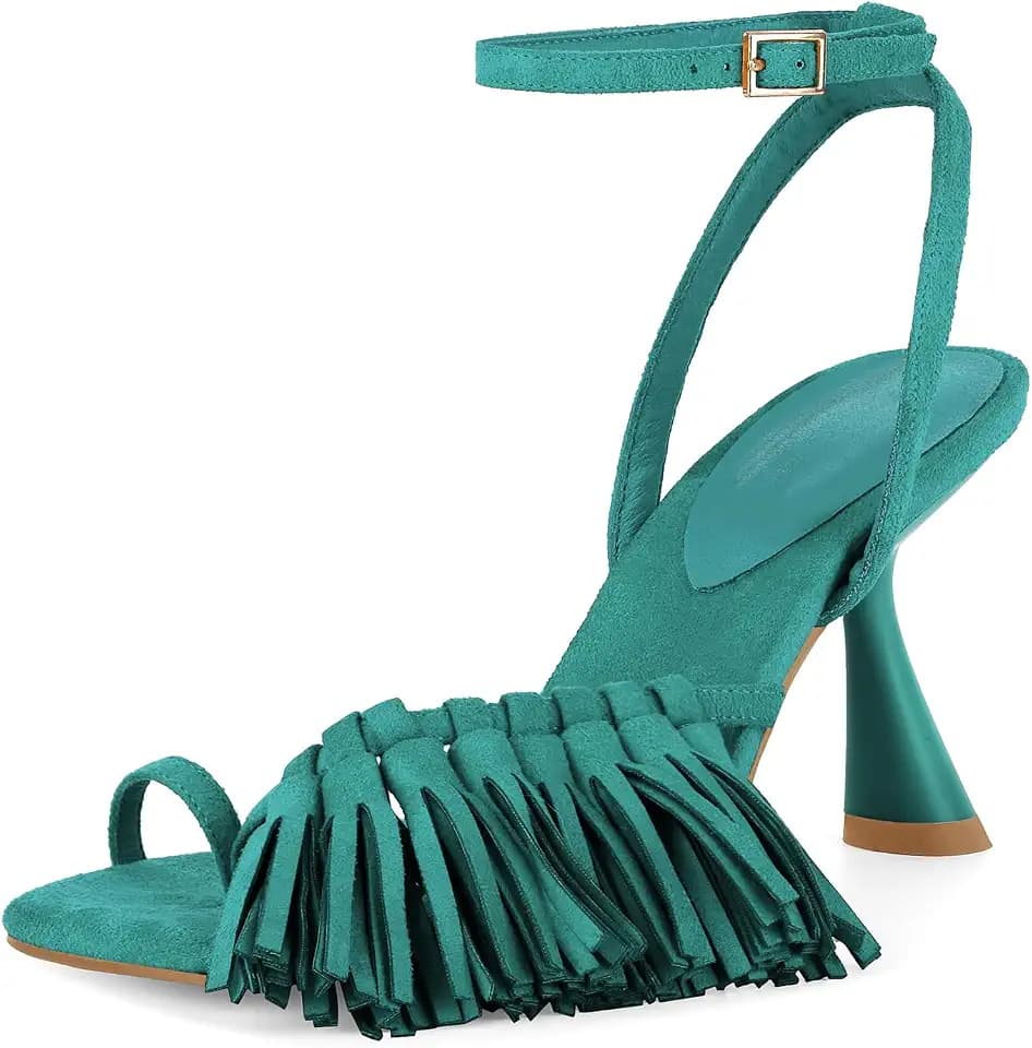 Richealnana Women's Fringe Toe Ring Ankle Strap Sandals Square Toe Tassel Shoes For Party Prom