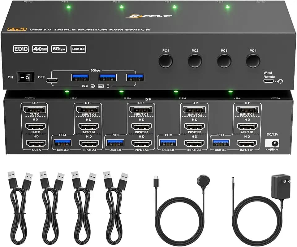 KVM Switch 3 Monitors 4 Computers 4K@60Hz,EDID Simulation,USB 3.0 HDMI Displayport KVM Switch Triple Monitor for 4 PC Share 3 Monitors and Keyboard Mouse Printer,with Wired Remote and 4 USB Cables