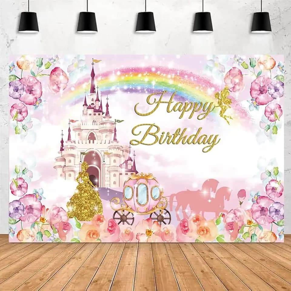 Princess Castle Birthday Backdrop 10x8ft Girls Happy Birthday Photography Backdrop Rainbow Floral Flowers Castle Background Princess Girl Birthday Party Decorations Banner Portrait Photoshoot