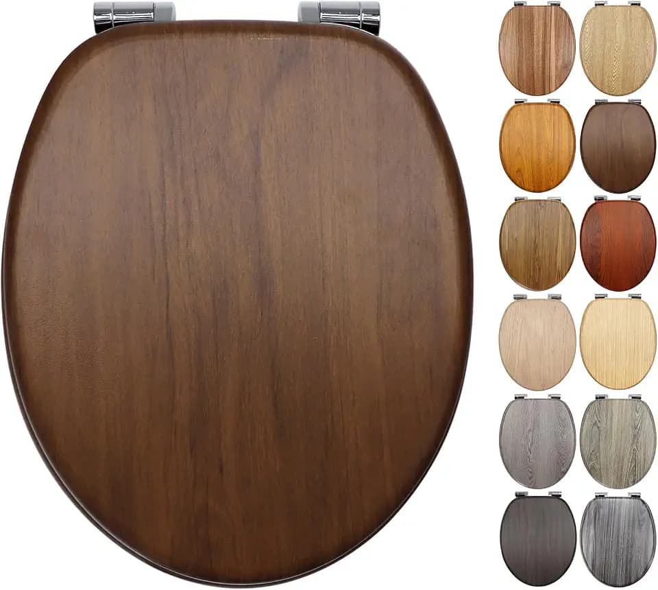 WC Sitz mit Absenkautomatik, hochwertiger Toilettendeckel aus MDF Holz, Einfache Montage Stabiler Klodeckel, Toilettensitz passend für Standard-O-Form-WC (Dunkelbraune Walnussoptik)