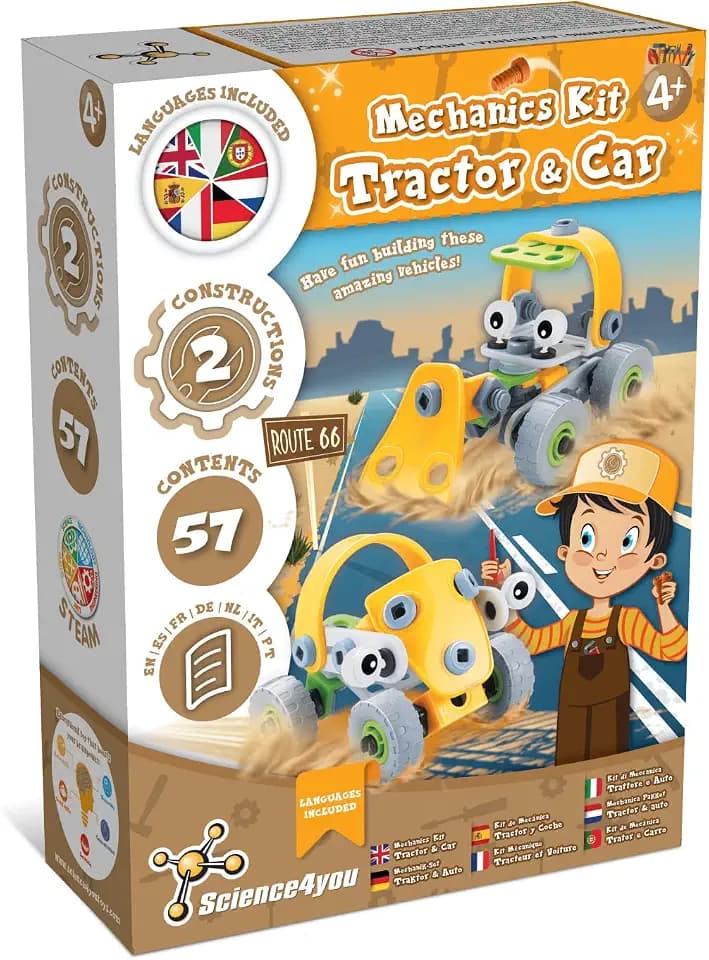 Science4you 80003542 Mechanik Baukasten ab Schraubspiel Traktor zum Schrauben und Montage Auto-Kreatives Bauset für Kinder, Pädagogisches Spielzeug 4 Jahre Junge, Large, Gelb