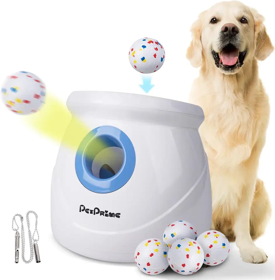 Pet Prime Automatischer Ballwerfer für Große Hunde, Ballwurfmaschine mit 3 Distanzstufen 3-20M Ballmaschine mit 6x6,35cm ETPU Bällen, Wiederaufladbar, Pfeife (Upgrade ETPU-Bälle Werfer für Großhunde)