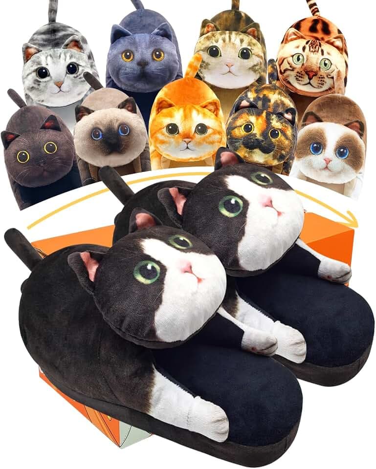 Lustige Katzen-Hausschuhe für Damen, Schlafzimmer, flauschige Hausschuhe, niedliche Tier-Hausschuhe für drinnen und draußen, weiche, rutschfeste Kätzchen-Hausschuhe, Katzengeschenk für