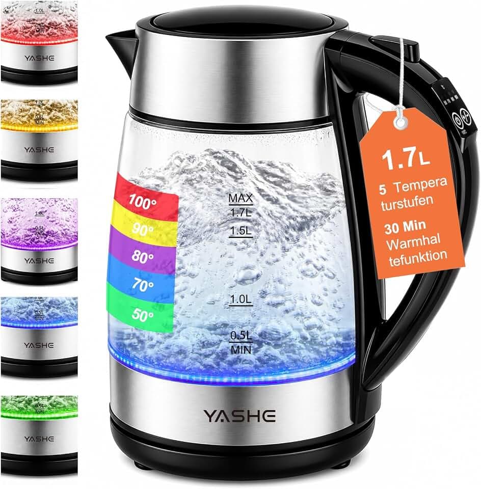 YASHE Wasserkocher mit Temperatureinstellung 1,7L 2200W Glas