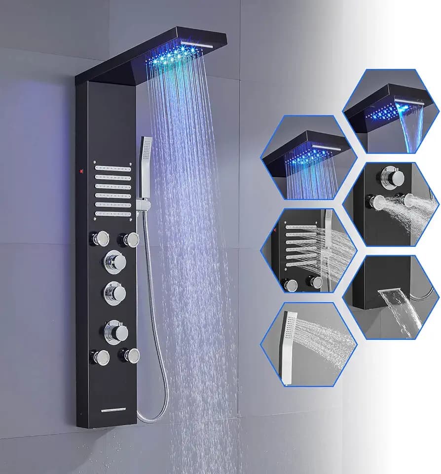 ROVOGO LED Duschpaneel mit Thermostat, 5-Funktion Duschsäule mit Regenfall Wasserfall Duschkopf, 5 Massagedüsen, Edelstahl-Handbrause und Wanneneinlauf, Duschpaneel aus Edelstahl mit Armatur, Schwarz