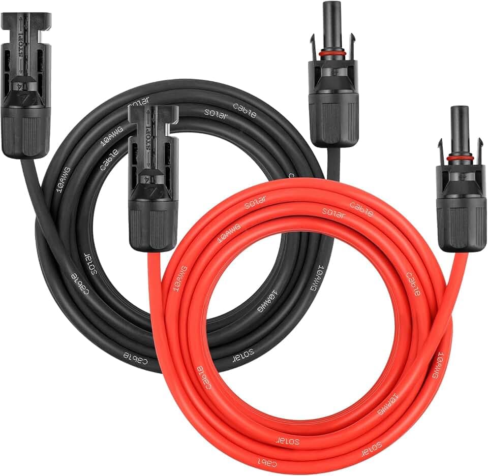 Solar Panel Extension Cable - 10AWG 20FT Solar Wire Cord 10 Gauge PV Wire with Female & Male Waterproof Connector for RV, Photovoltaic Systems, Home, Boat, Solar Panels, Car(20ft Red + 20ft Black)