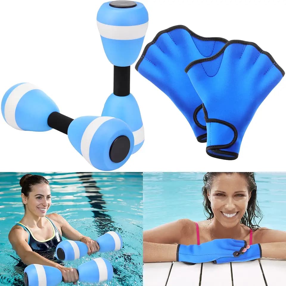 Seenelling Water Aerobics Set for Adults Neoprene Swim Gloves 2 Foam Aquatic Dumbbells Pool Exercise Equipment Water Weights for Aquatic Fitness Low Impact Pool Workouts