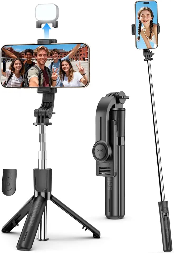 Mini Selfie Stick Travel Tripod for Cell Phone with Light, Extendable Selfie Stick for iPhone with Detachable Remote, iPhone Tripod for Video Recording, Photograph, Compatible with Cellphones