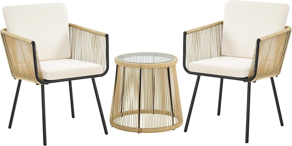 Yaheetech 3TLG. Rattan Balkonset, Gartenmöbel Set mit 6cm Dick Sitzkissen