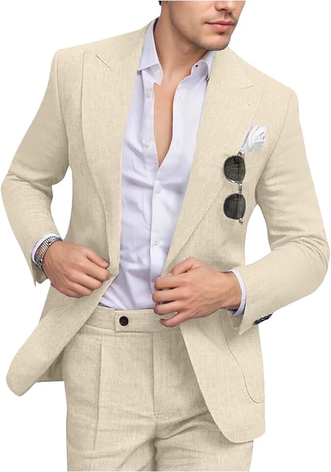 Men's Retro Suit 2 Piece Linen Summer Suits Casual Blazer Pants Set