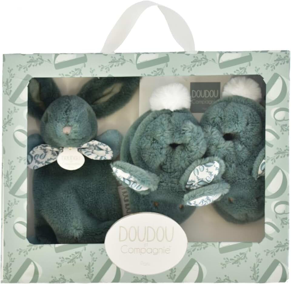 Hase Doudou – Set Hausschuhe und Kuscheltier, Grün