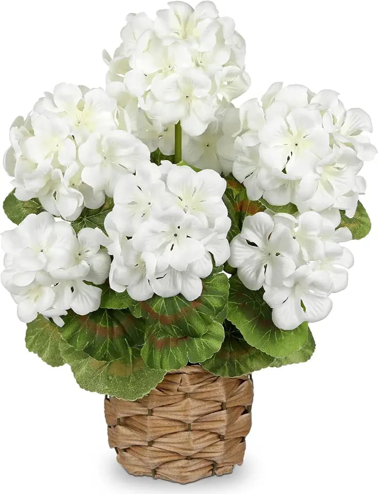 Briful Artificial Geraniums Flowers, 13.7 Inch White Silk Potted Plant