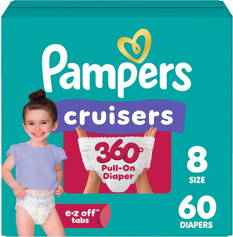Pampers Diapers - Cruisers 360 - Size 8, 60 Count, up to 100% Leakproof Pull-On Diaper for Active Babies