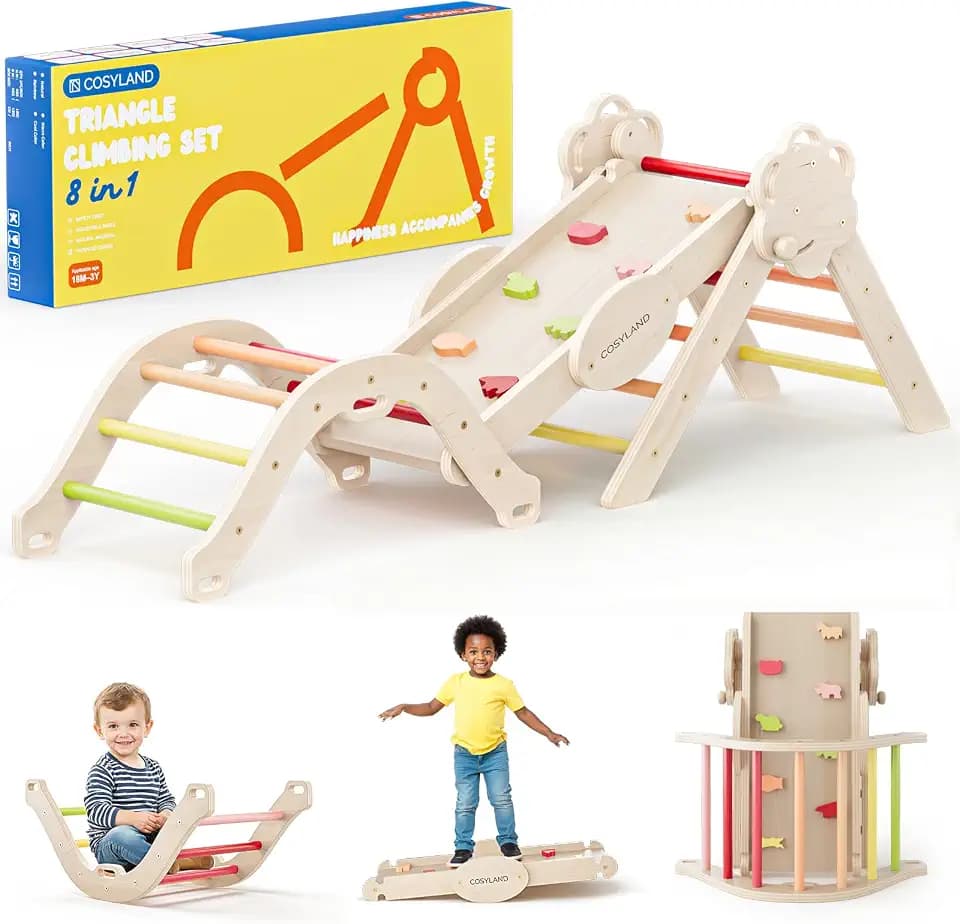 COSYLAND 8-in-1 Montessori Klettergerüst Indoor ab 1 Jahr – Kletterdreieck mit Rutsche, Kletterbogen & Kletterturm, Warm – Indoor Klettergerüst für Kinder, Baby Klettern Indoor