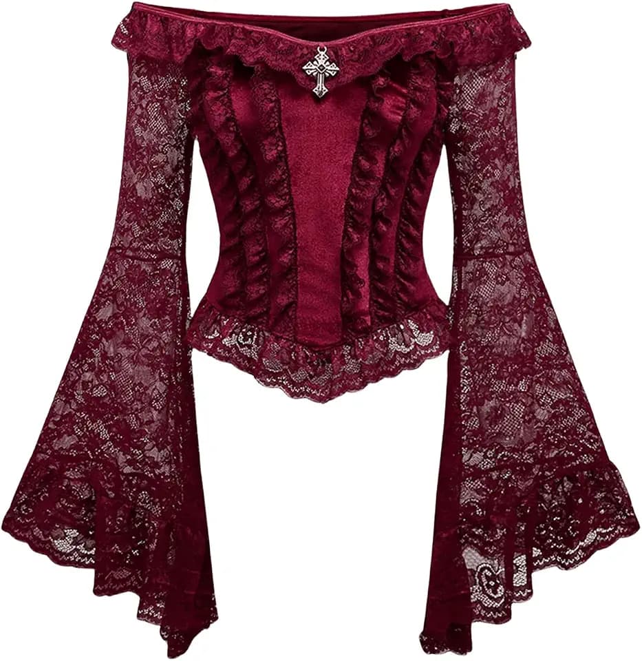 BEAUDRM Women's 70s Renaissance Gothic Off Shoulder Top Sheer Mesh Lace Top