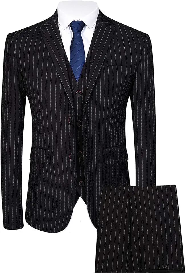 Mens 3 Piece Pinstripe Suit Slim Fit Casual Dress Suits Blazer + Vest + Pants