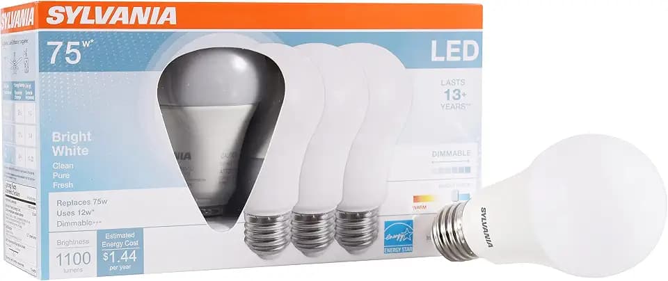 Sylvania LED Light Bulb, 75W Equivalent A19, Efficient 12W, 13 Year, Dimmable, 1100 Lumens, Frosted Finish, Bright White - 4 Pack (74427)