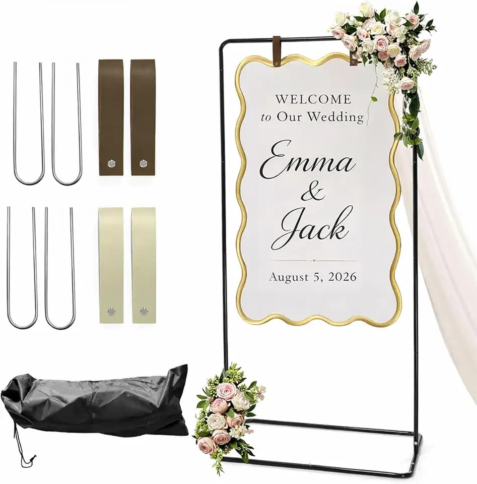 Wedding Welcome Sign Stand, Adjustable Metal Wedding Sign Holder with 2 Leather Straps, 4 Ground Stakes & Carry Bag, Sturdy Powder-Coated Steel Display Stand for Wedding Signs & Seating Chart (Black)