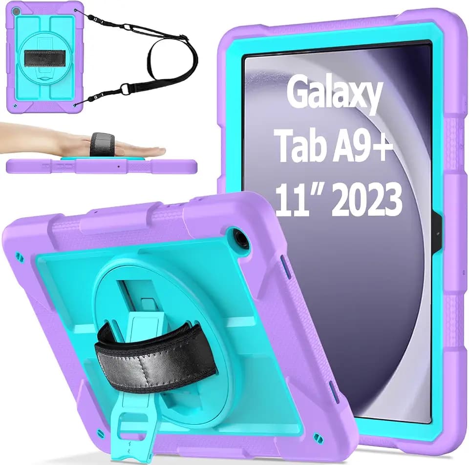 AVAWO Case for Samsung Galaxy A9+ Plus 11 inch 2023 with 360° Swivel Handle Strap Cover with Lanyard, Teal+Purple