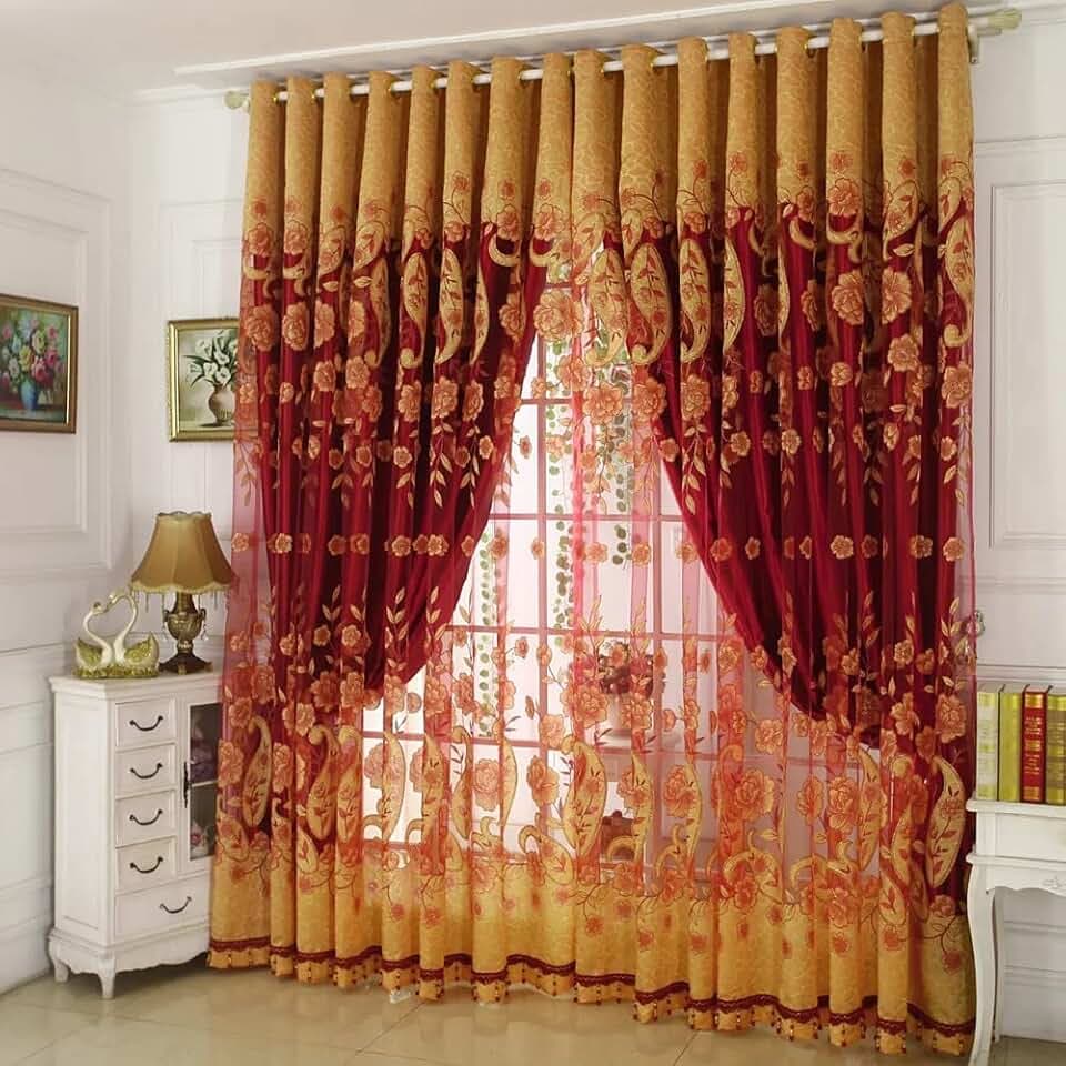 Amidoudou 1 Paar europäische doppellagige Vorhänge für Wohnzimmer Schlafzimmer Blume und Blatt Luxus Vorhänge mit Perlen (Weinrot, 168 x 213 cm)