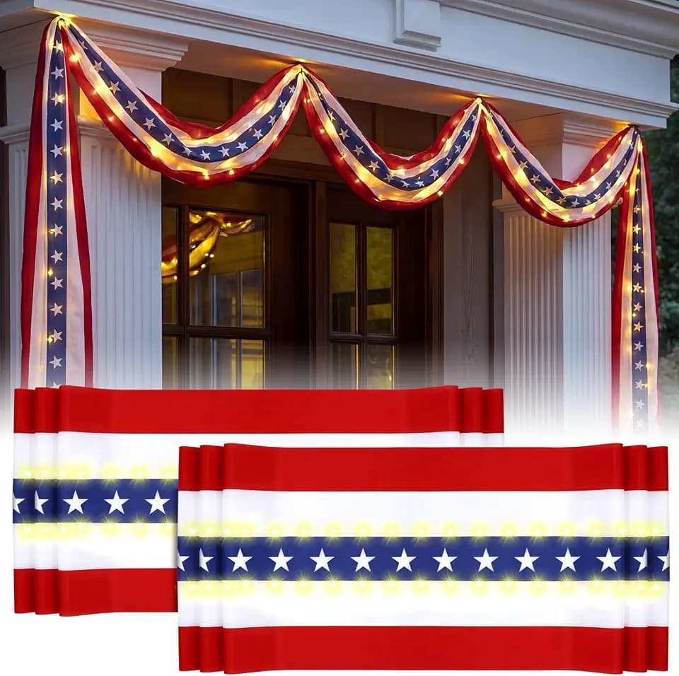 Tegeme 2 Pack 20 x 1.6 ft Lighted American Bunting Flag Red White Blue Star