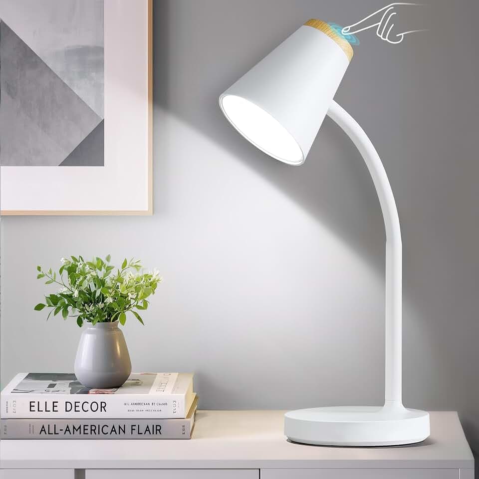 GyroVu Schreibtischlampe, LED Tischlampe Dimmbar Augenschutz, Flexibler Gänsehals Tischleuchte für Kinder, Lektüre Desk Lamp mit Touch Steuerung für Schlafzimmer, Studierzimmer, Nachttisch, Büros