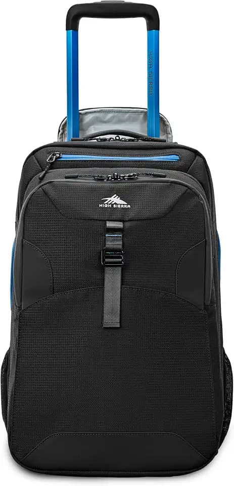 High Sierra Hi-Life 3-in-1 Convertible Wheeled Backpack - Features Removable Daypack, Stack-It Strap, Adjustable Handle, Fleeced Pocket For Scratch Protection, Dual Water Bottle Pockets - Black/Blue