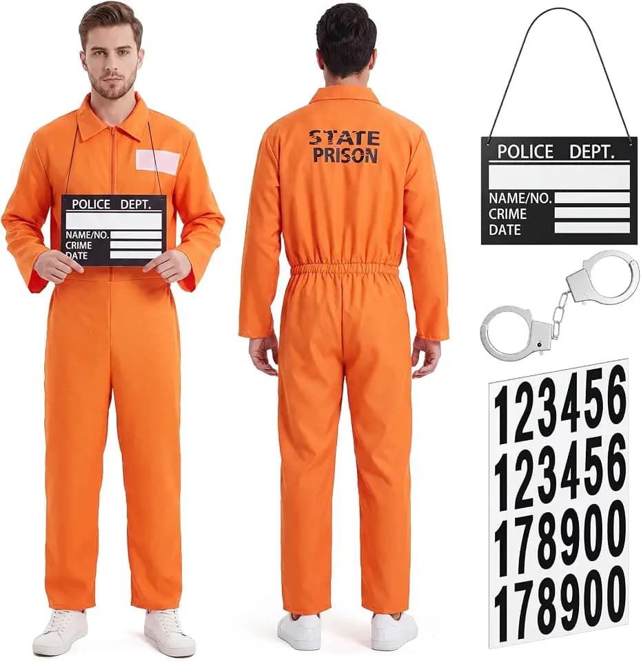 Jadive Prisoner Jumpsuit Men Halloween Orange Prison Costume Set