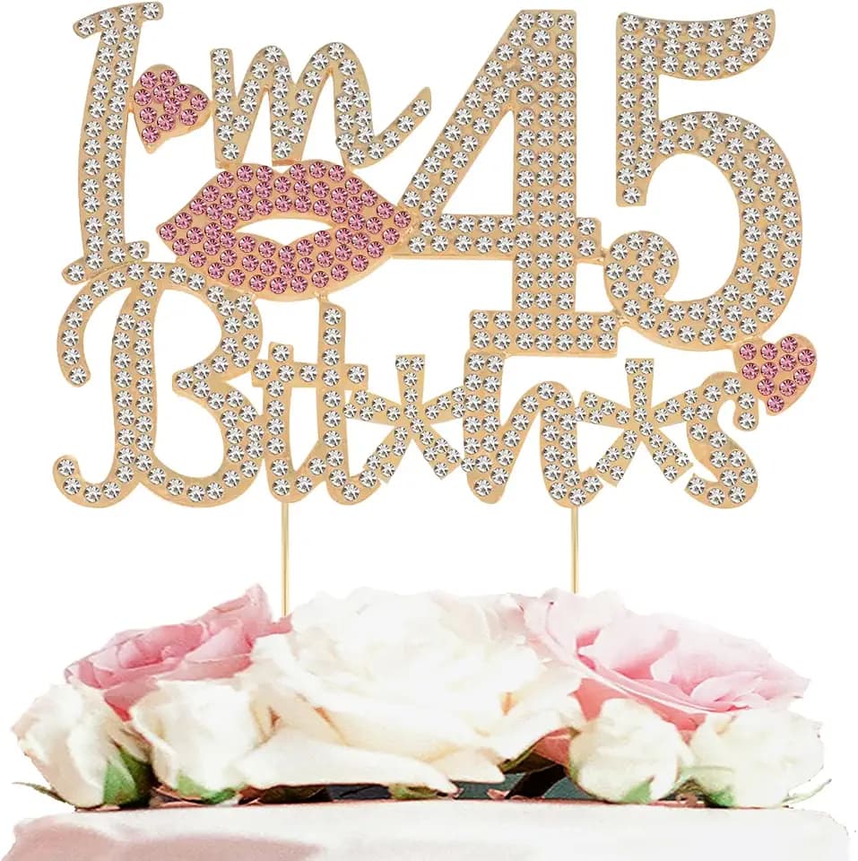 I'm 45th Birthday Funny Gold & Pink Rhinestone Cake Topper - Happy 45th Birthday Cheers to 45 Years Old Bday Party Metal Sparkly Food Centerpieces Topper Decorations Sign.