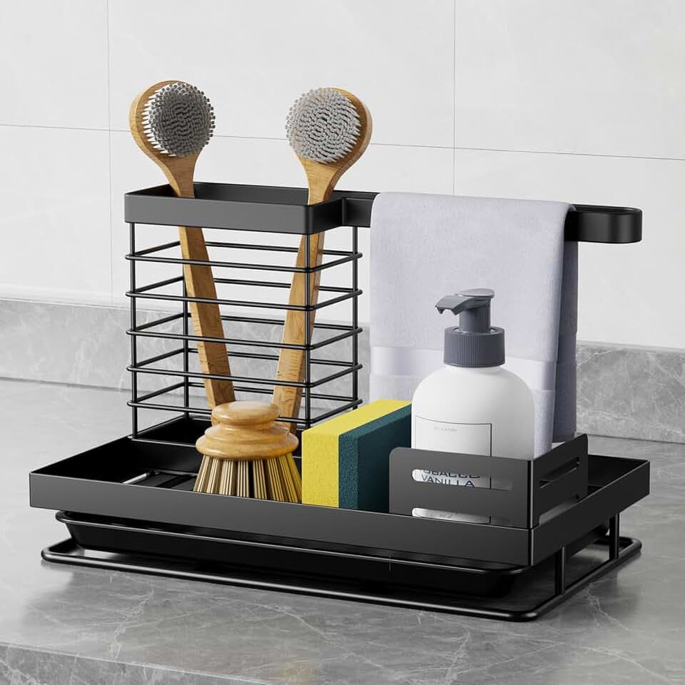 Spülbecken Organizer, Waschbecken Organizer Schwammhalter mit Abflusspfanne, Küchen Organizer Spüle Lappenhalter Spüllappenhalter für Küchenzubehör Schwamm/Bürste/Spülseife