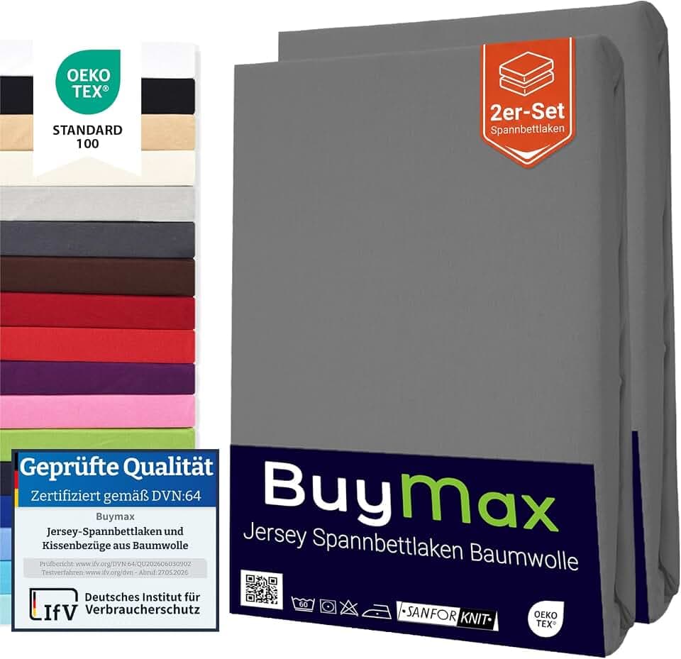 Buymax Spannbettlaken 90x200 cm Doppelpack – 2er Set aus 100% Baumwolle Jersey, 140 g/m², Rundumgummi, für Matratzen bis 25 cm, Oeko-TEX, Anthrazit-Grau