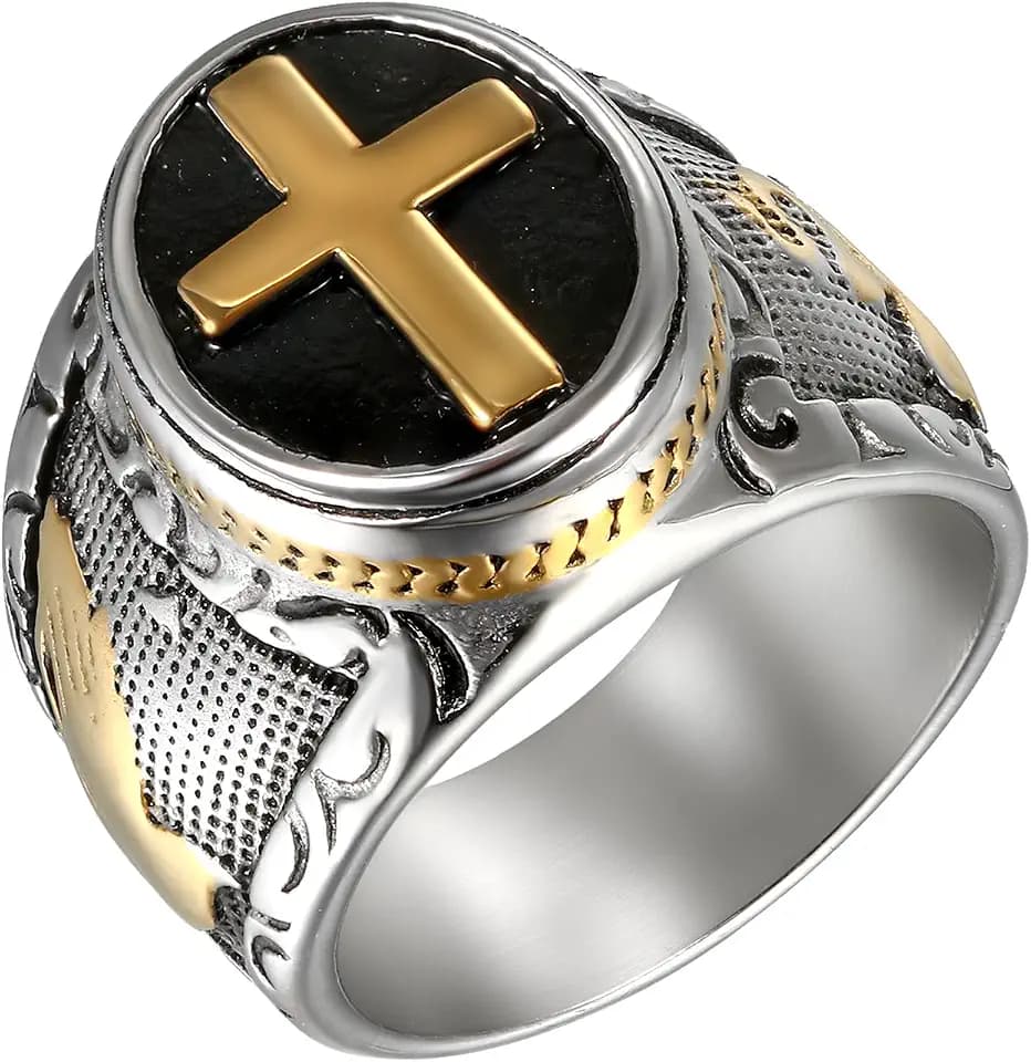 Flongo Herren-Ring Rosenkranz-Ring Herrenring, Edelstahl Ring Edelstahlring Bandring Schwarz Silber Gold Daumenring Herrenringe Siegel Kreuz Kruzifix Jesus Männer Herren-Accessoires