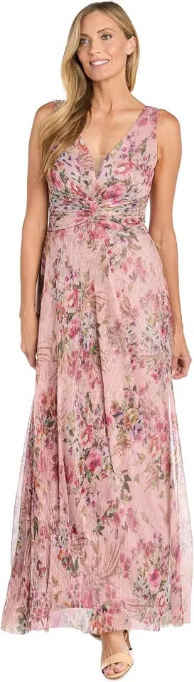 R&M Richards Women's Pleated Sheer Knit Floral Maxi Dress W/Ruched Waist & Cascade Detail