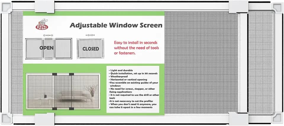 FLYZZZ Adjustable Window Screen for Hung Windows, White Expandable Horizontal Sliding Screen, 10" H x 19-36" W with Black Fiberglass Mesh Removable Window Screen Replacement, 1-Pack