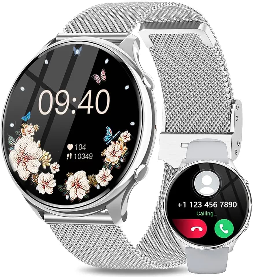 Smartwatch für Damen, mit Bluetooth-Anruf, IP67, Smartwatch für Damen, mit 120+ Sport, weibliche Funktion, Herzfrequenz, Kalorien SpO2 und Schlaf, Smartwatch für Android iOS, Silber