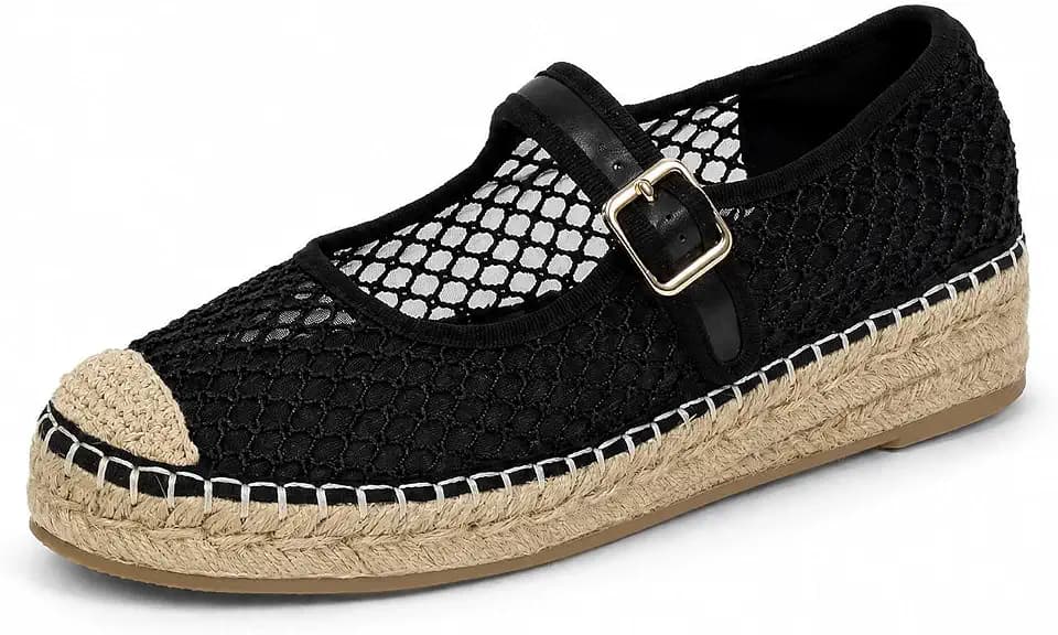 SOVANYOU Mary Jane Espadrilles for Women Round Toe Mary Jane Flats Platform Woven Outsole Ballet Flat with Buckle