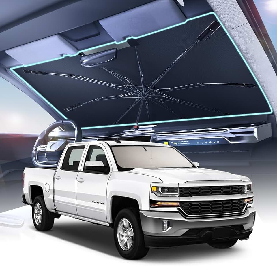 [2026 Upgrade] Coverado Sunshade for Car Windshield, UPF80+ Full-Size Trucks/SUVs Windshield Sun Shade Blocks Heat & UV Rays, Thickened Vinyl Coating Keep Cool and Protect Interior, Foldable L 61x34
