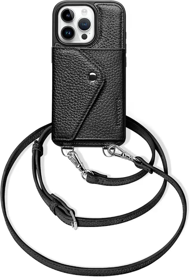 LUCKYCOIN 100% Genuine Leather Crossbody Wallet Phone Case for iPhone 16 Pro, Shockproof Phone Purse with Adjustable Lanyard Strap & Card Holder, Crossbody Purses for Women, Pebble Grain Black