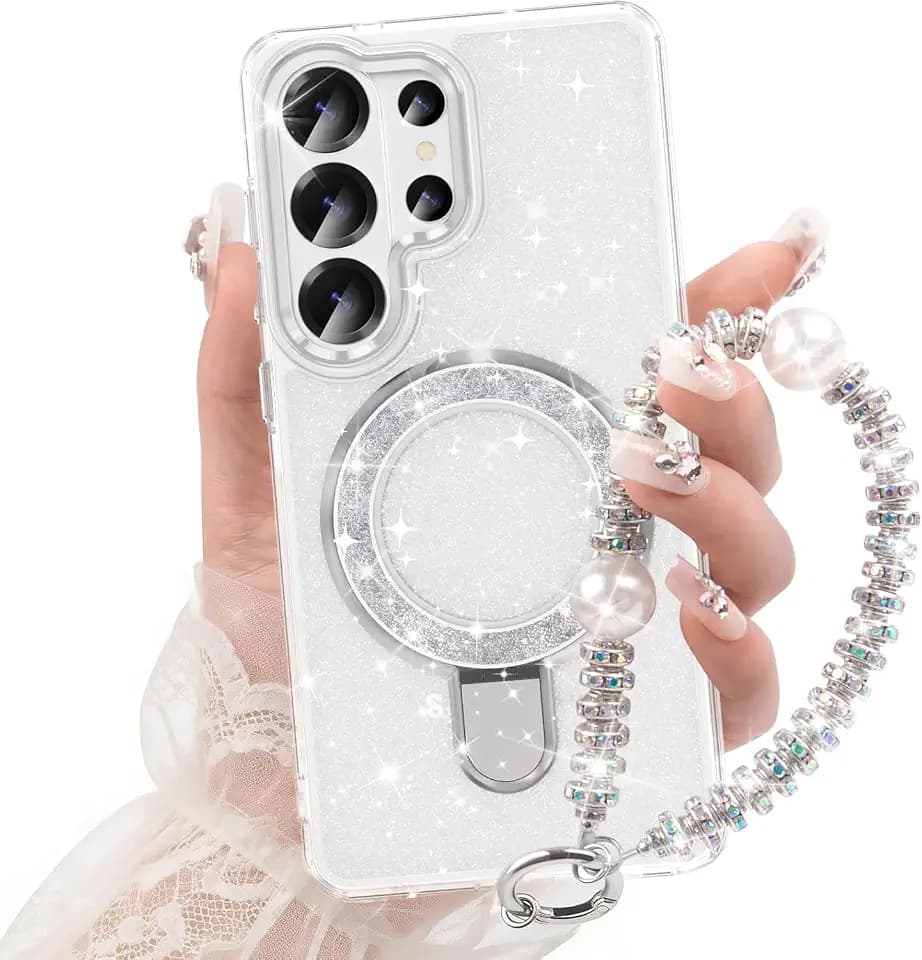 WATACHE for Samsung Galaxy S25 Ultra Case, Glitter Sparkle Bling Heavy Duty Shockproof Protective with Kickstand, Anti-Scratch Cover Case for Samsung Galaxy S25 Ultra(Silver with Bracelet)