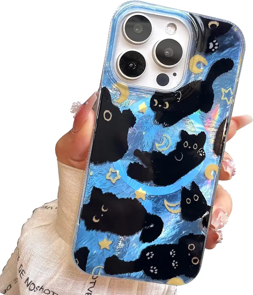 Compact Case for iPhone 16 Pro Max Black cat Design,[Compatible with Magsafe] Cute Soft Slim TPU Shockproof Protective Bumper Phone Cases Cover for Aesthetic Glitter Shiny Adorable