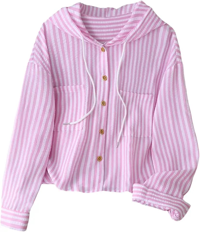 SOLY HUX Women's Striped Button Down Shirt Hooded Drawstring Long Sleeve Casual Blouse Tops